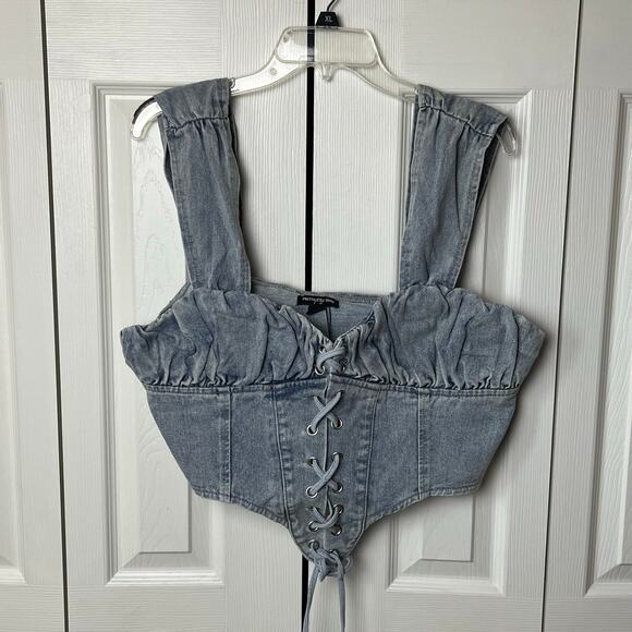 Pretty Little Thing Vintage Bleach Wash Ruched Bust Detail Lace Up Corset 14 - Picture 3 of 13